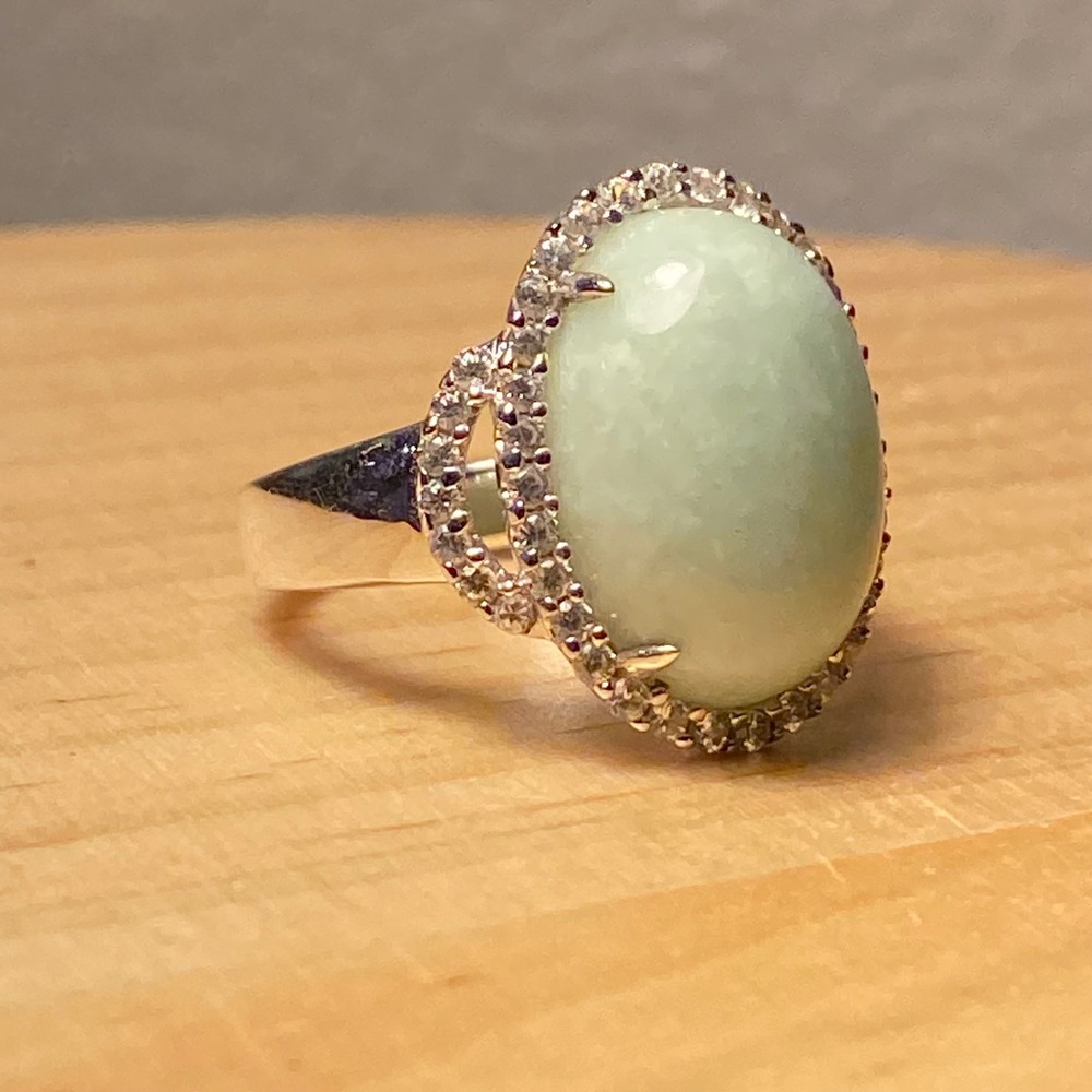 Jade & White Zircon Women's Ring Sz 7 Sterling Silver 925 Halo Cocktail Elegant